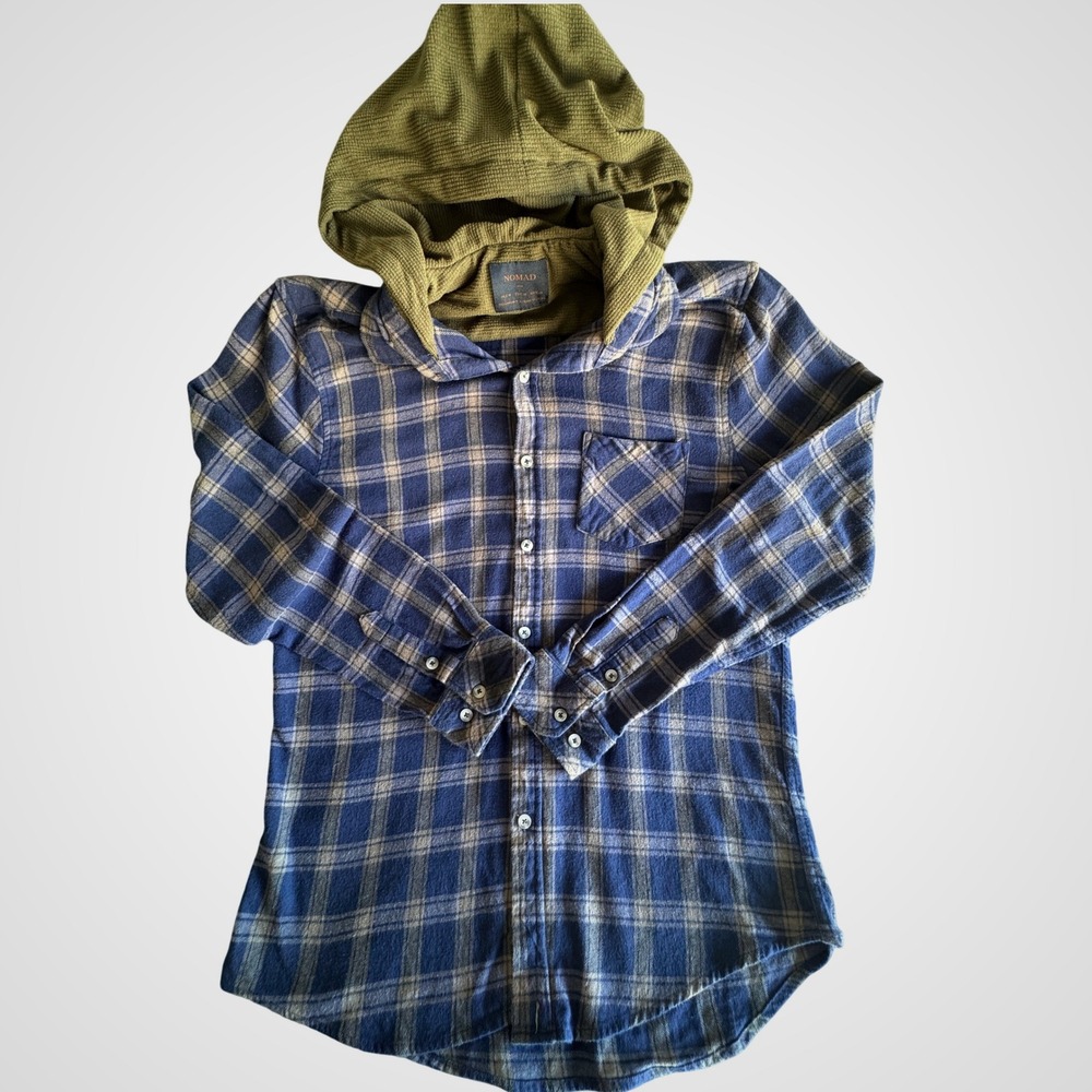 Nomad Women Blue Plaid Hooded Flannel Shirt Cotton Waffle Hood Medium